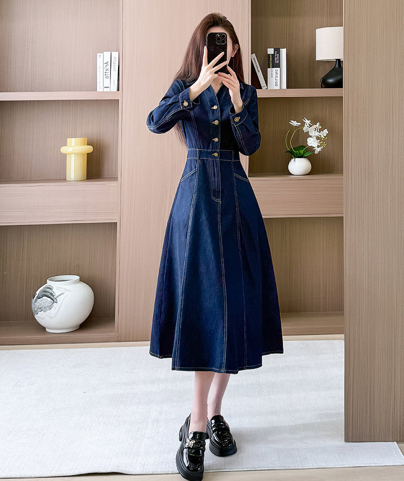 Long Sleeve Contrast Stitch Denim Midi Dress