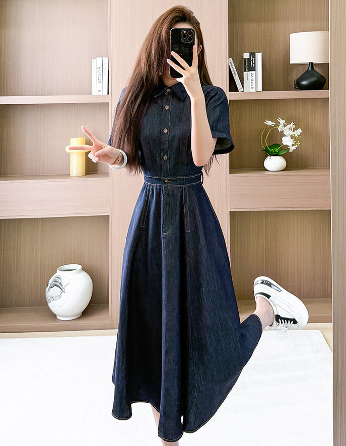 Pleated Waist Denim Button Shirt Dress