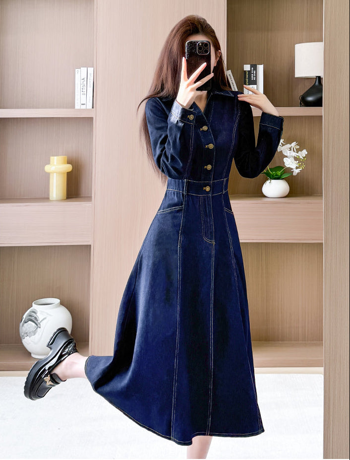 Long Sleeve Contrast Stitch Denim Midi Dress