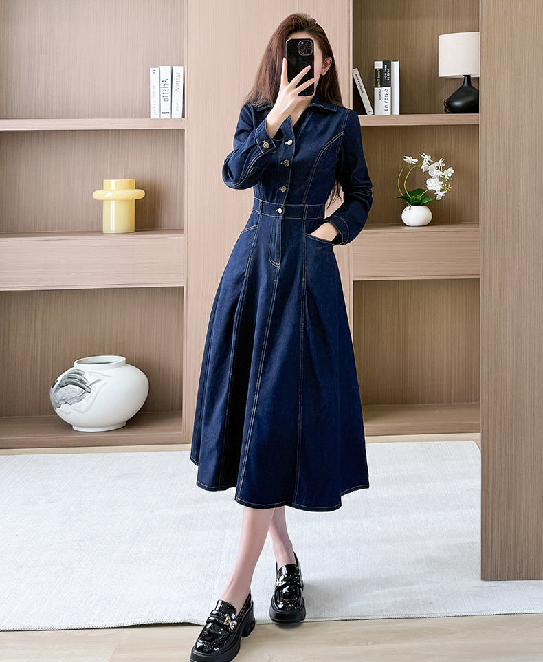 Long Sleeve Contrast Stitch Denim Midi Dress