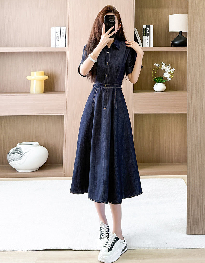 Pleated Waist Denim Button Shirt Dress