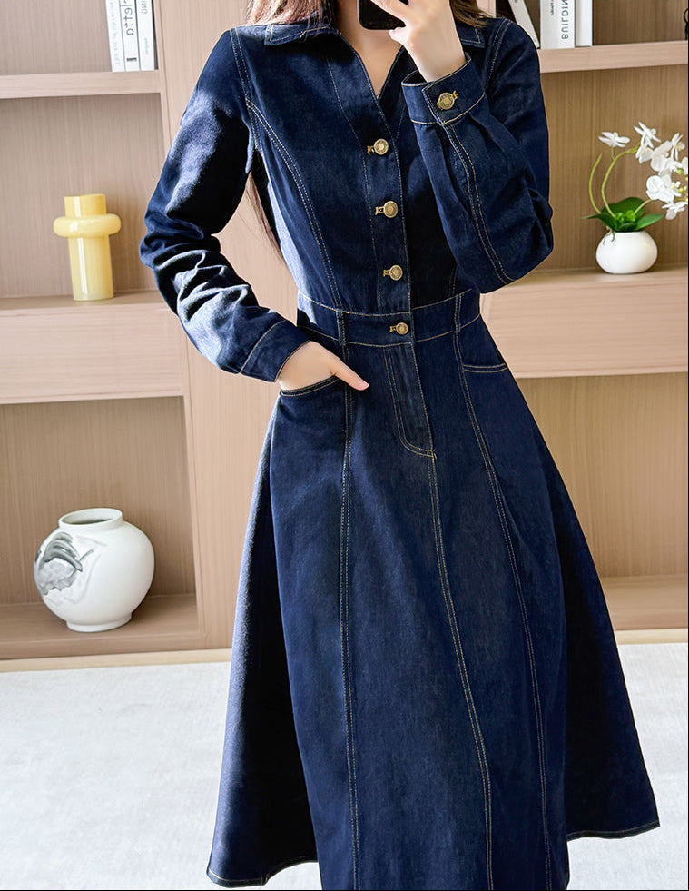 Long Sleeve Contrast Stitch Denim Midi Dress