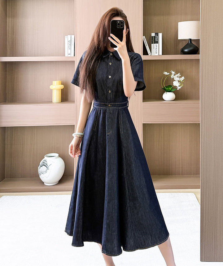 Pleated Waist Denim Button Shirt Dress