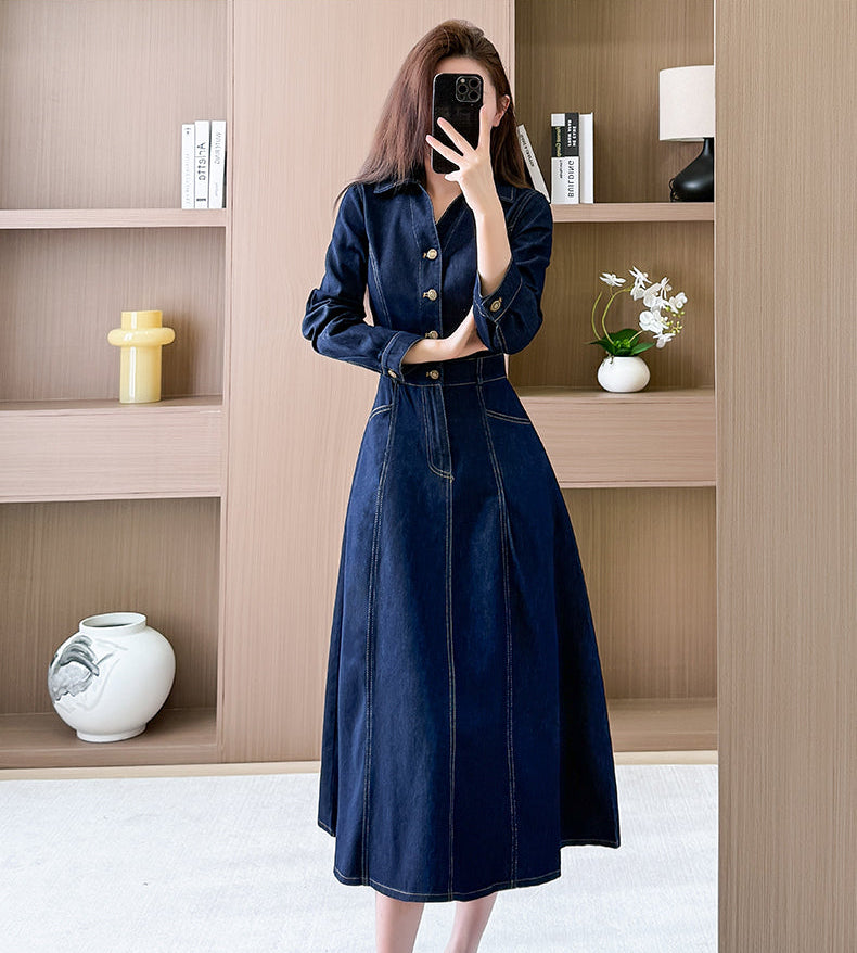 Long Sleeve Contrast Stitch Denim Midi Dress