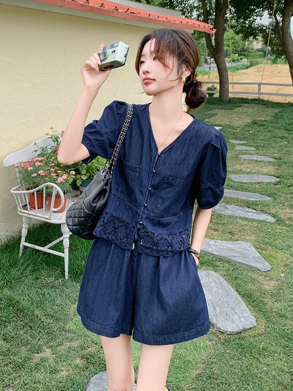 Two-Piece Denim Shorts And Puff-Sleeve Top Set