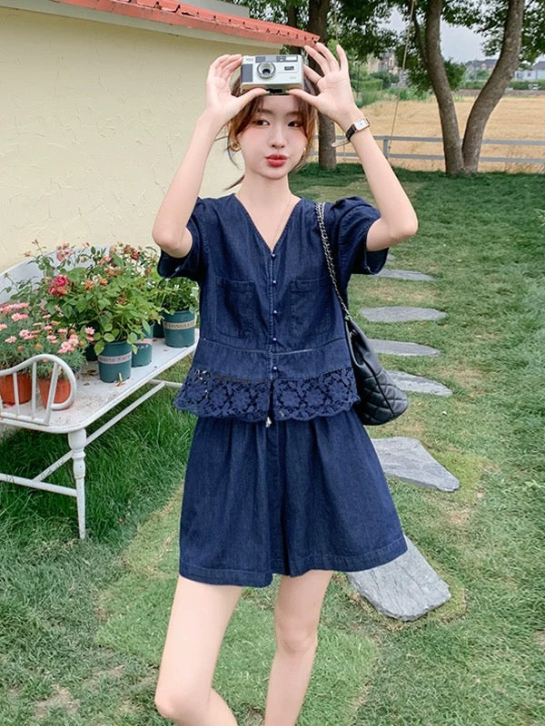 Two-Piece Denim Shorts And Puff-Sleeve Top Set