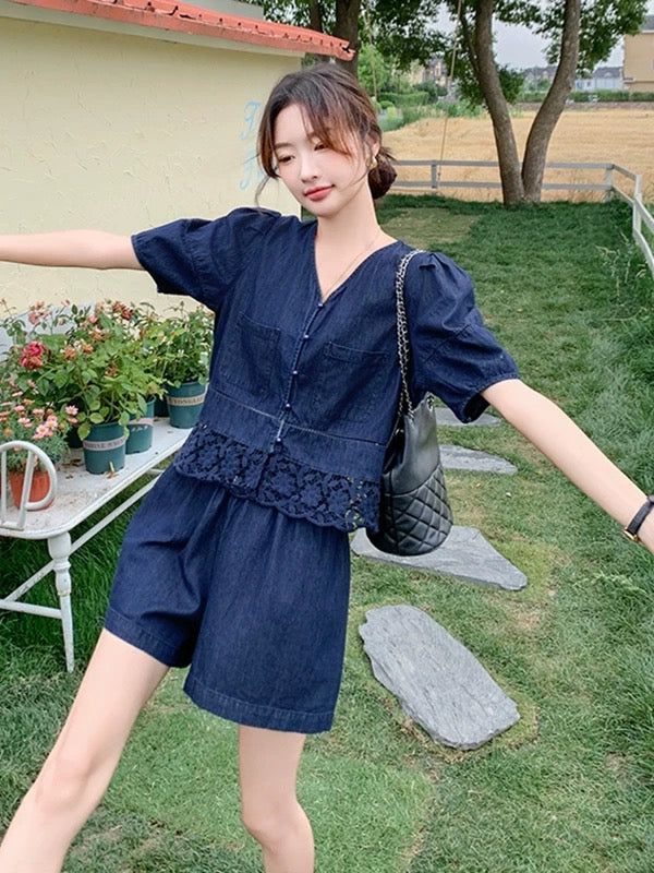 Two-Piece Denim Shorts And Puff-Sleeve Top Set