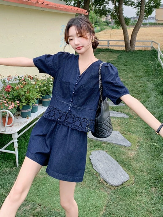 Two-Piece Denim Shorts And Puff-Sleeve Top Set