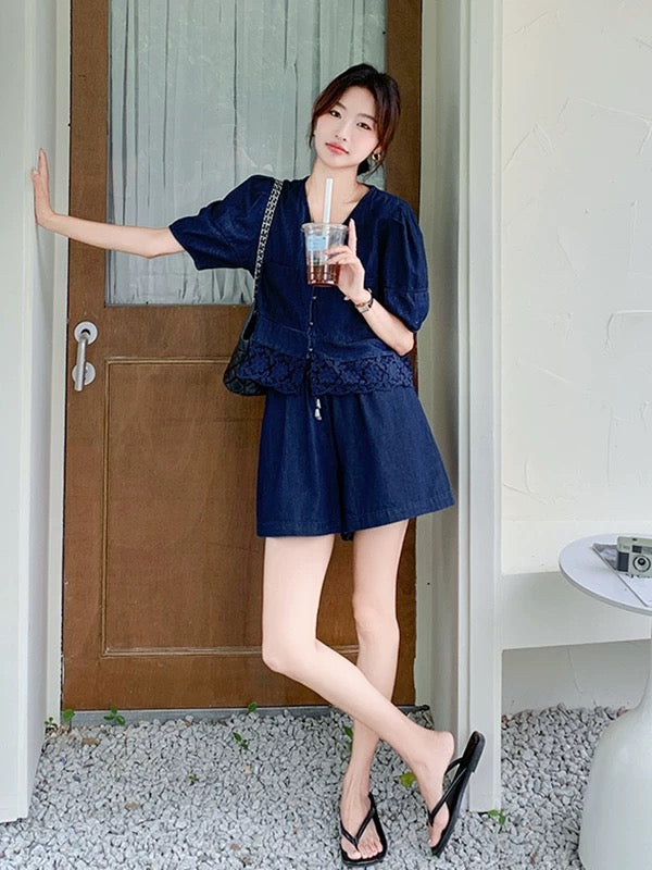 Two-Piece Denim Shorts And Puff-Sleeve Top Set