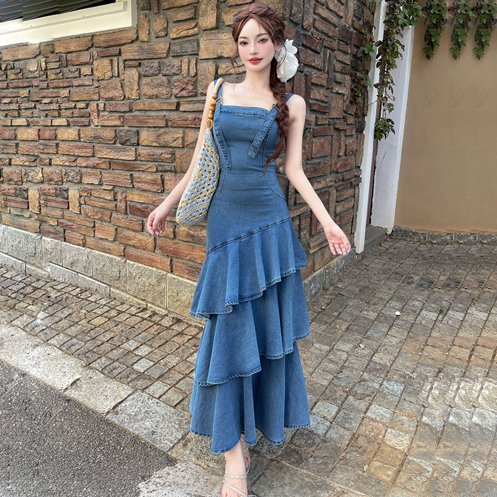 Adeline Ruffled Denim Maxi