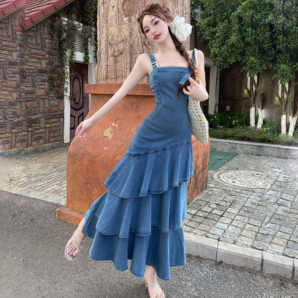 Adeline Ruffled Denim Maxi