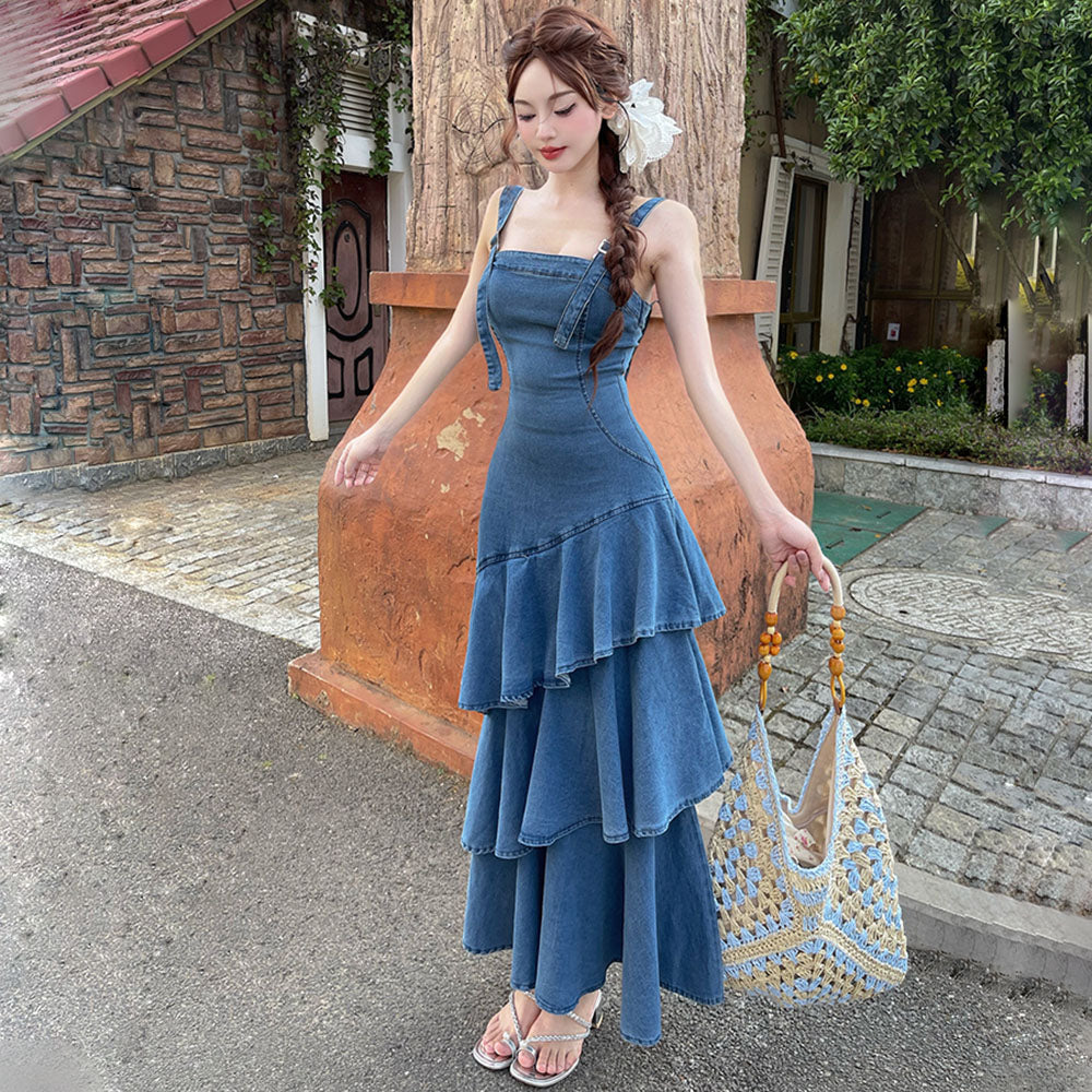 Adeline Ruffled Denim Maxi