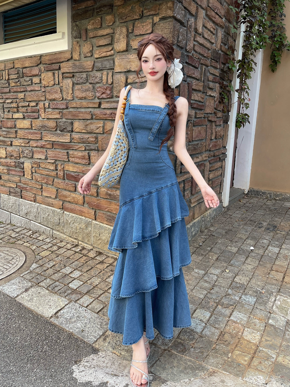 Adeline Ruffled Denim Maxi