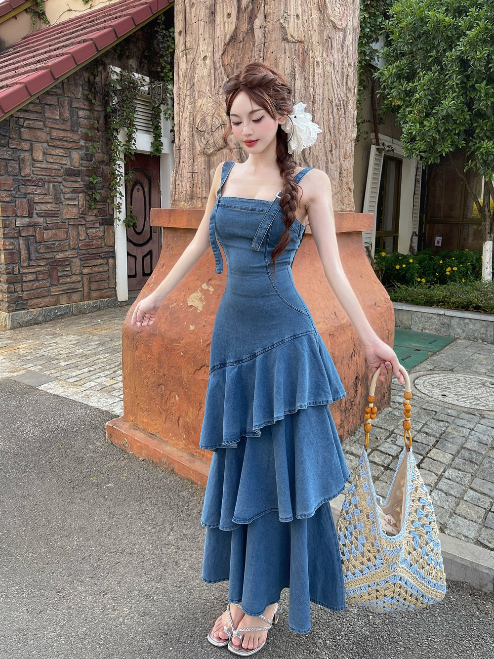 Adeline Ruffled Denim Maxi