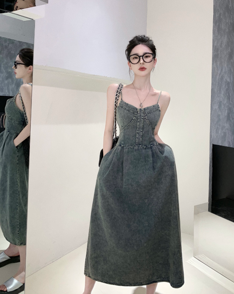 A-line denim dress with spaghetti straps