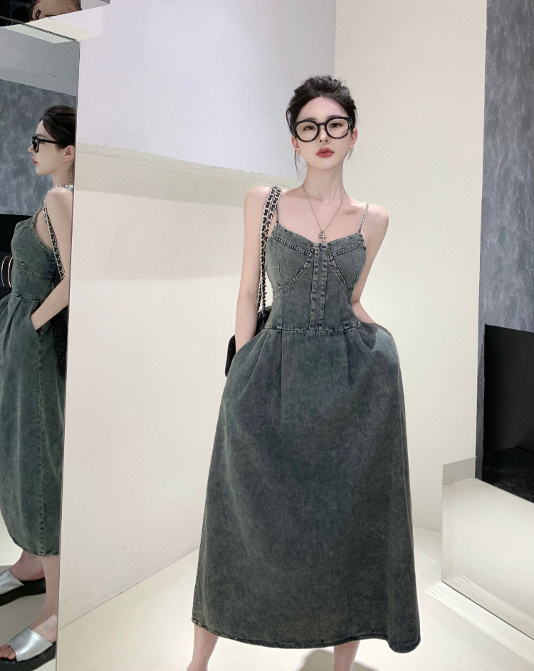 A-line denim dress with spaghetti straps