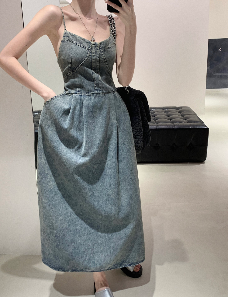 A-line denim dress with spaghetti straps