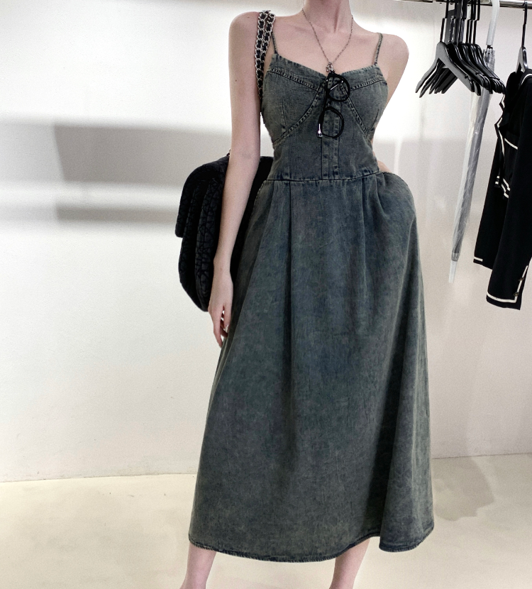 A-line denim dress with spaghetti straps