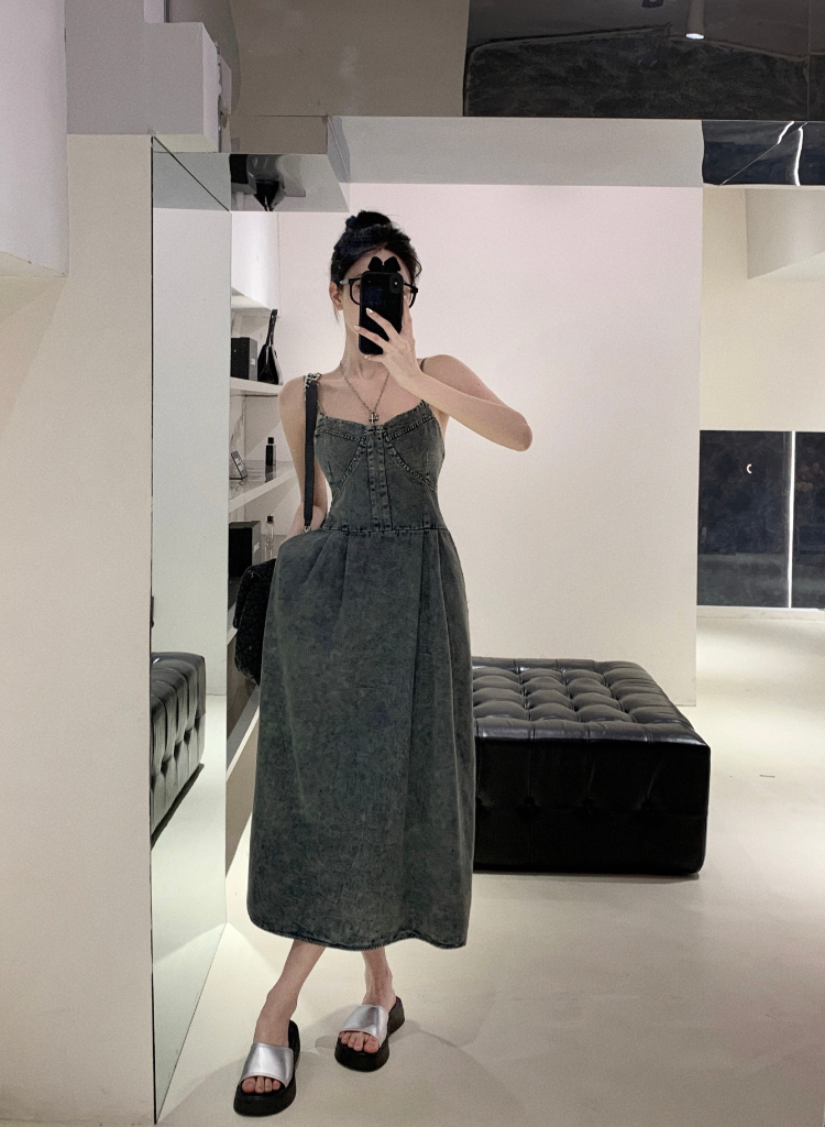 A-line denim dress with spaghetti straps