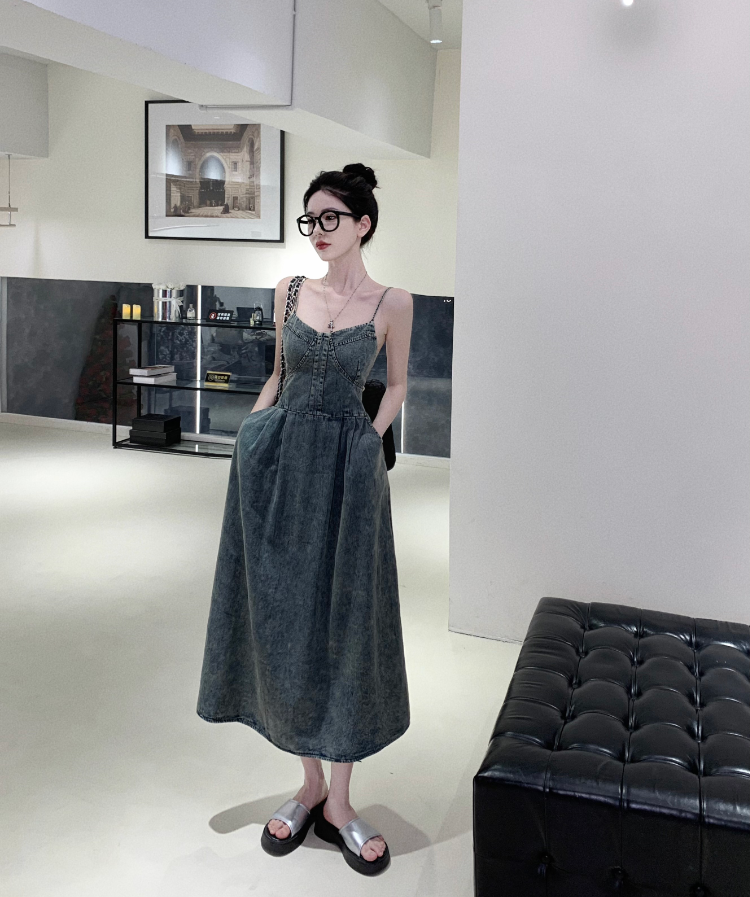 A-line denim dress with spaghetti straps