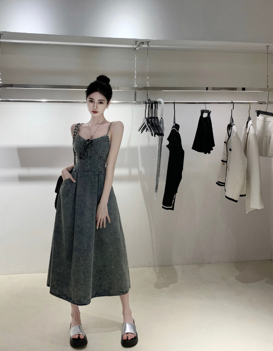 A-line denim dress with spaghetti straps