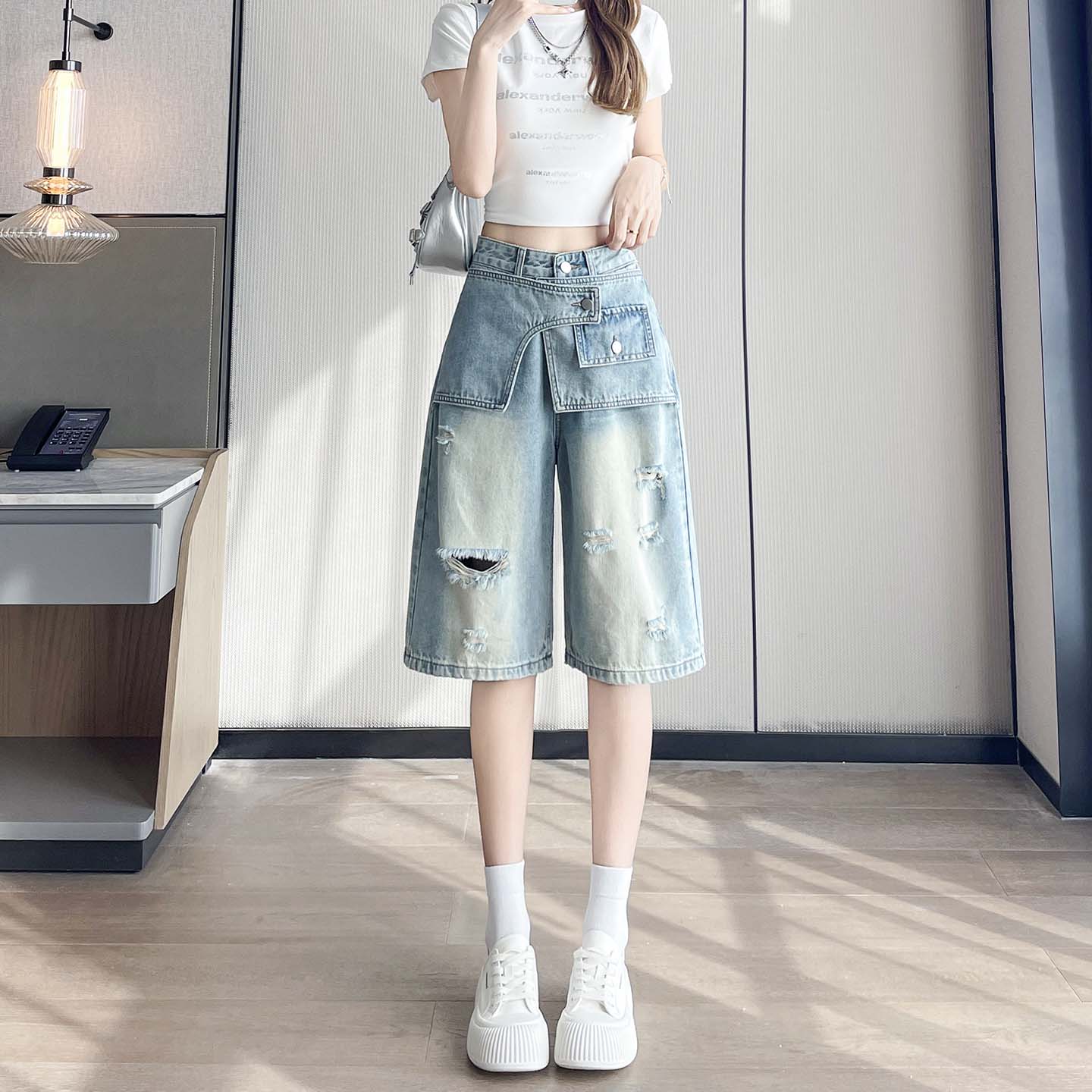 Double-Waist Ripped Knee-Length Jean Shorts