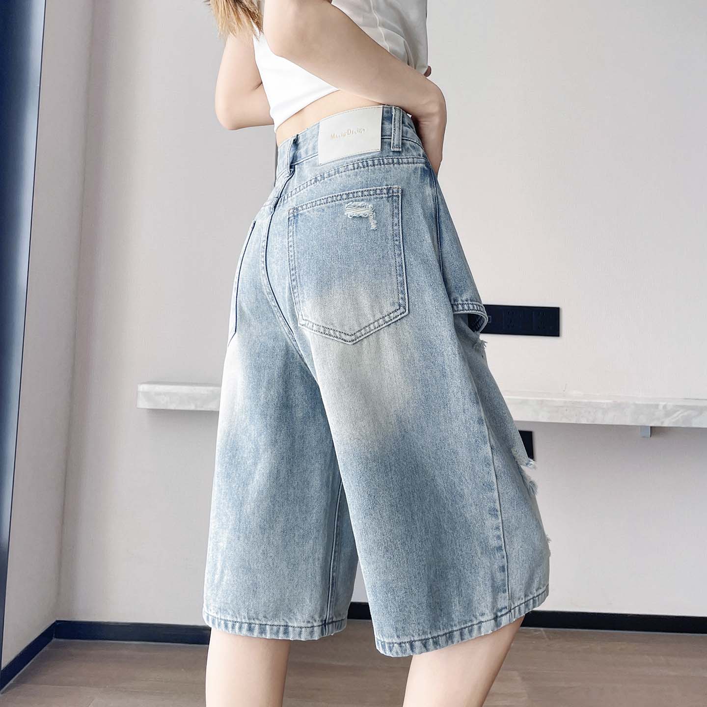 Double-Waist Ripped Knee-Length Jean Shorts
