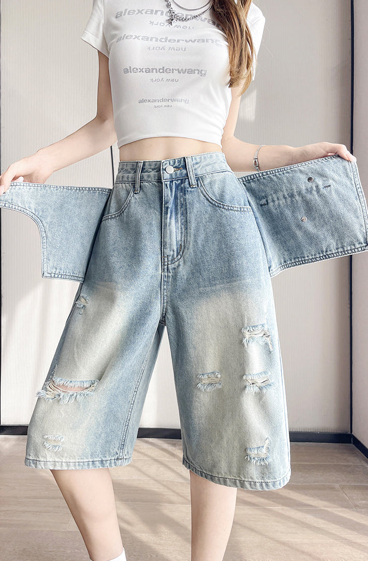 Double-Waist Ripped Knee-Length Jean Shorts