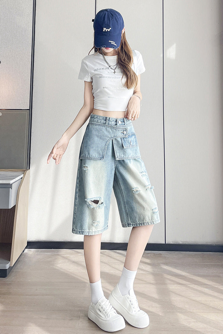Double-Waist Ripped Knee-Length Jean Shorts