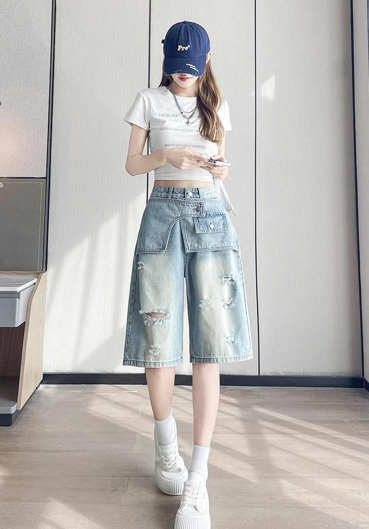 Double-Waist Ripped Knee-Length Jean Shorts
