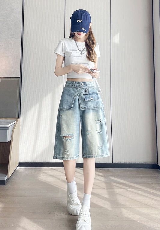 Double-Waist Ripped Knee-Length Jean Shorts