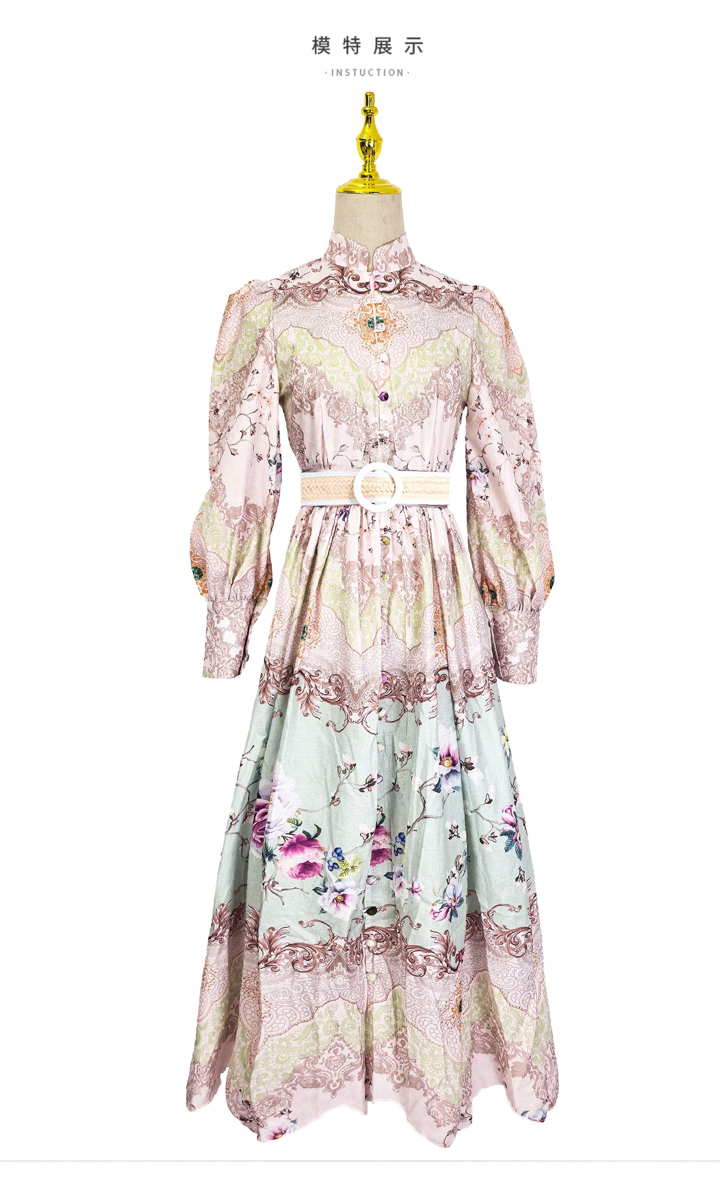 Victoria High-Neck Baroque Maxi With Sage Garden Border