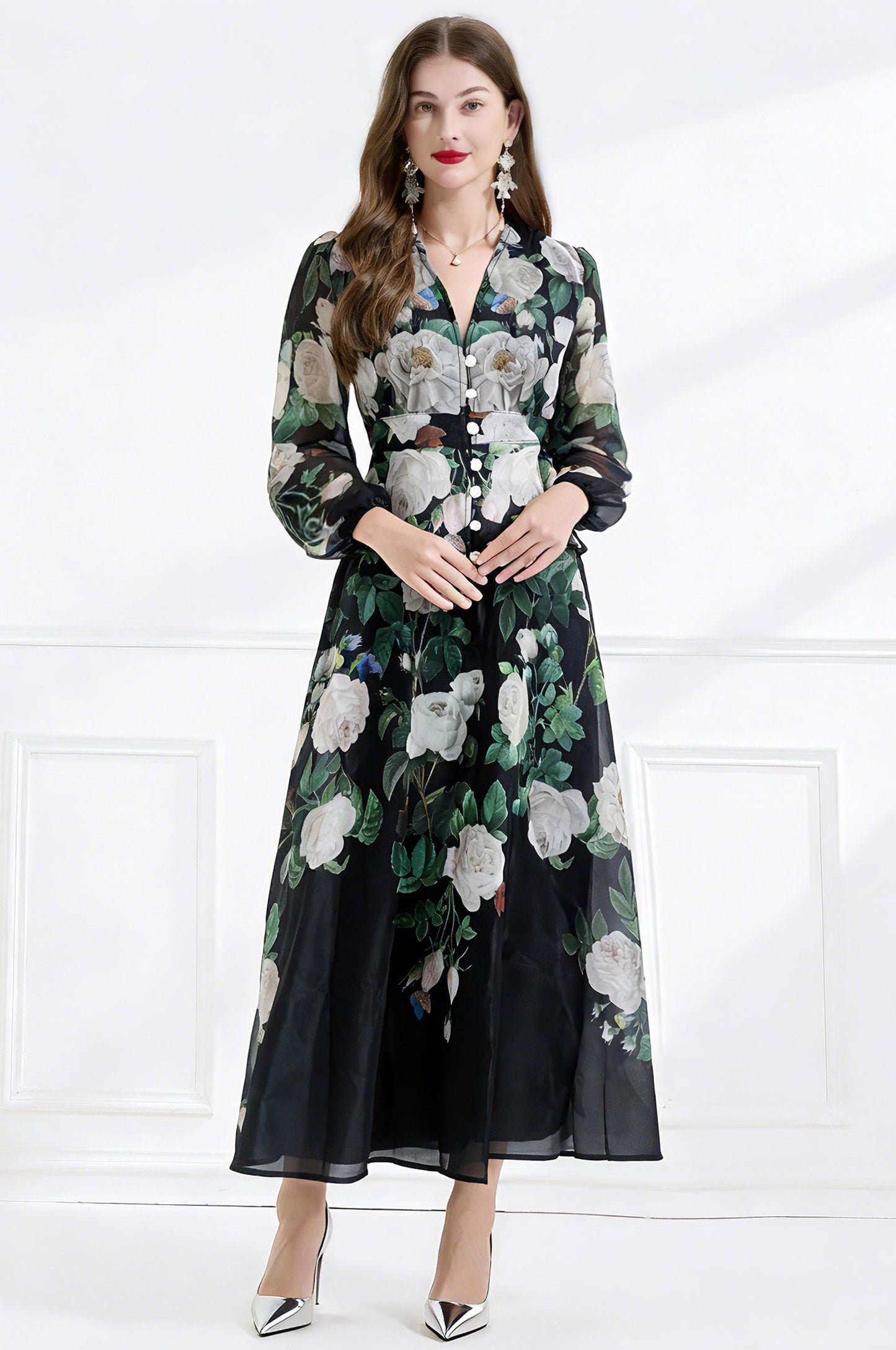 Rosalind Dark floral Chiffon Maxi With Peplum Waist