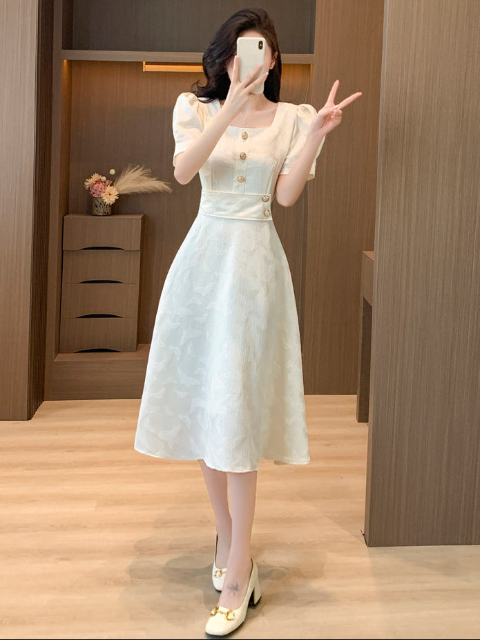 Retro Button-Accent Puff Sleeve Flare Dress