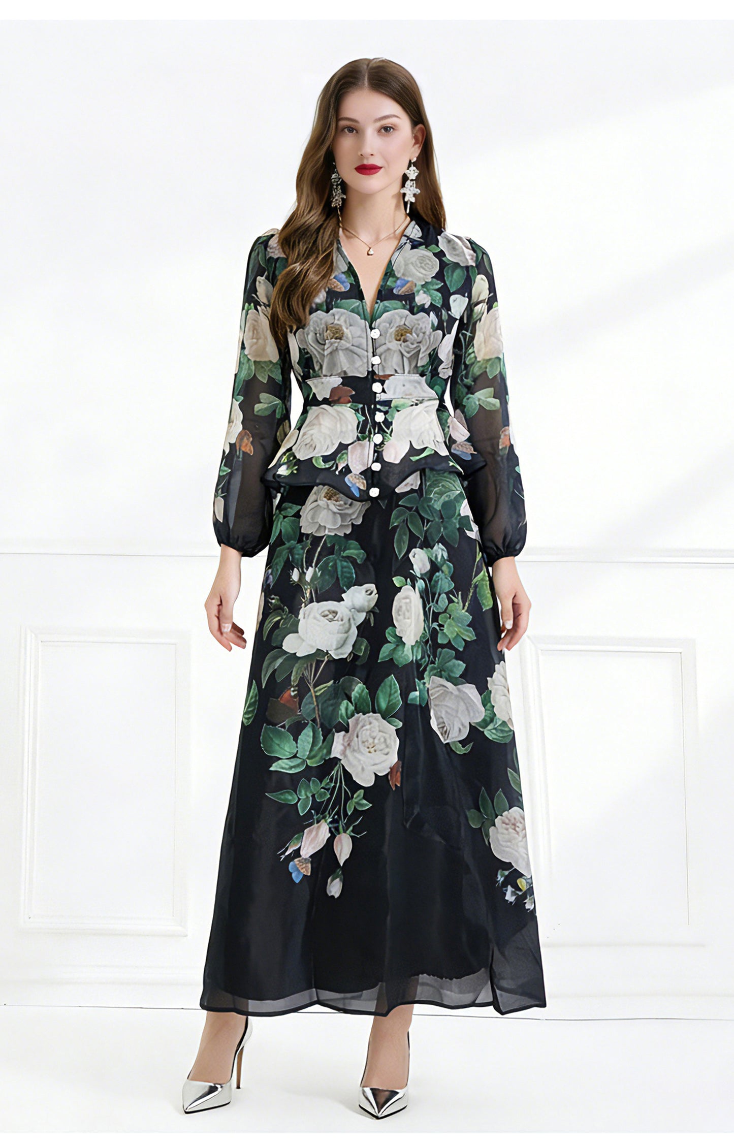 Rosalind Dark floral Chiffon Maxi With Peplum Waist