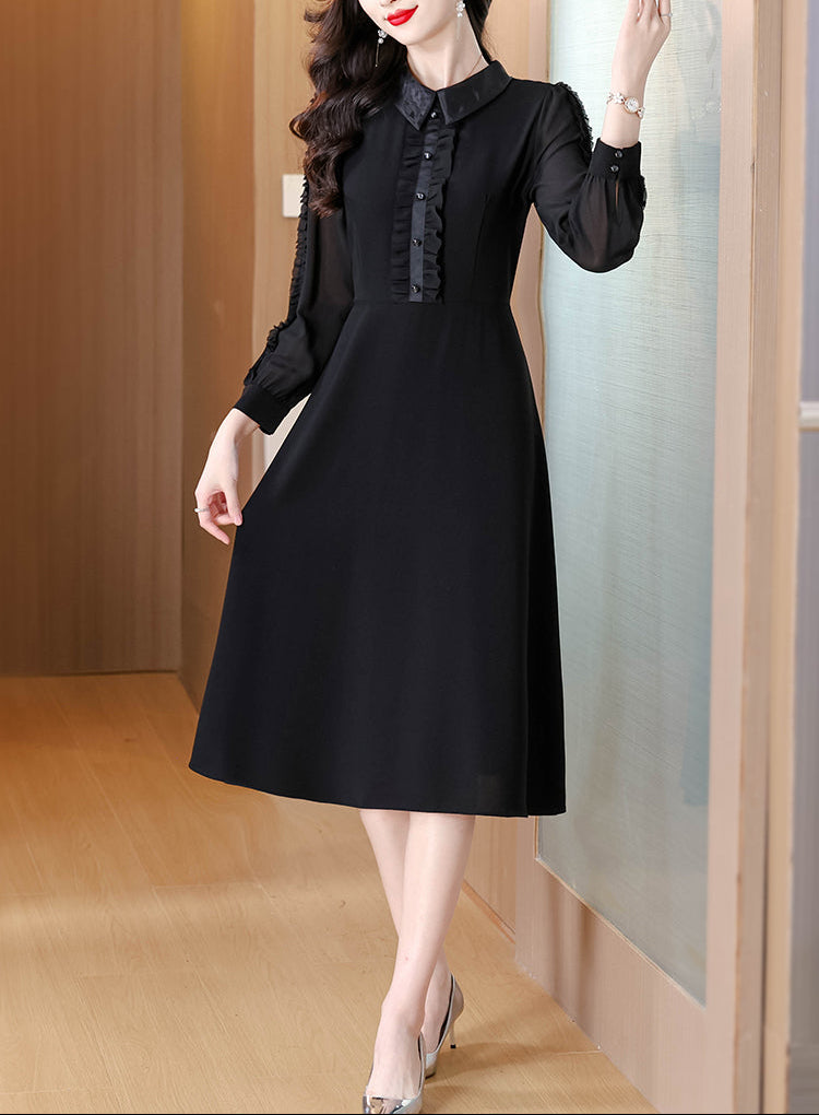 Black A-Line Dress With Ruffled Placker