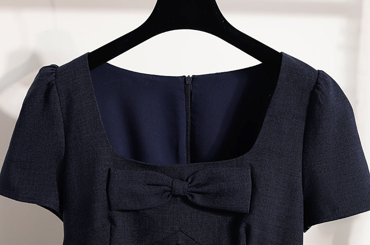 French Vintage Square Neck Bow- Knot Mini Dress