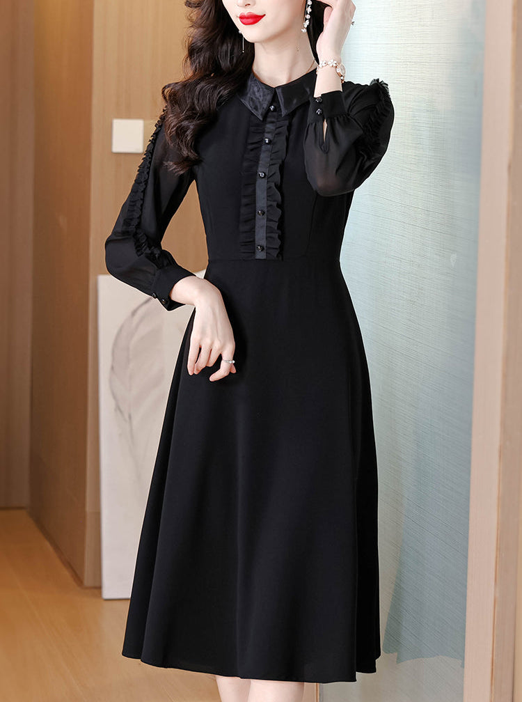 Black A-Line Dress With Ruffled Placker