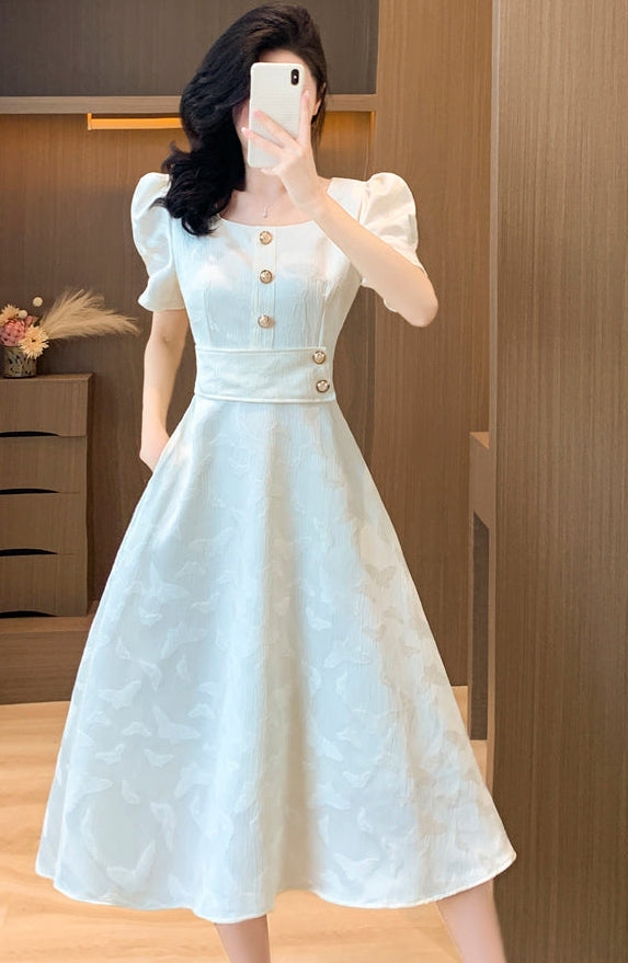 Retro Button-Accent Puff Sleeve Flare Dress