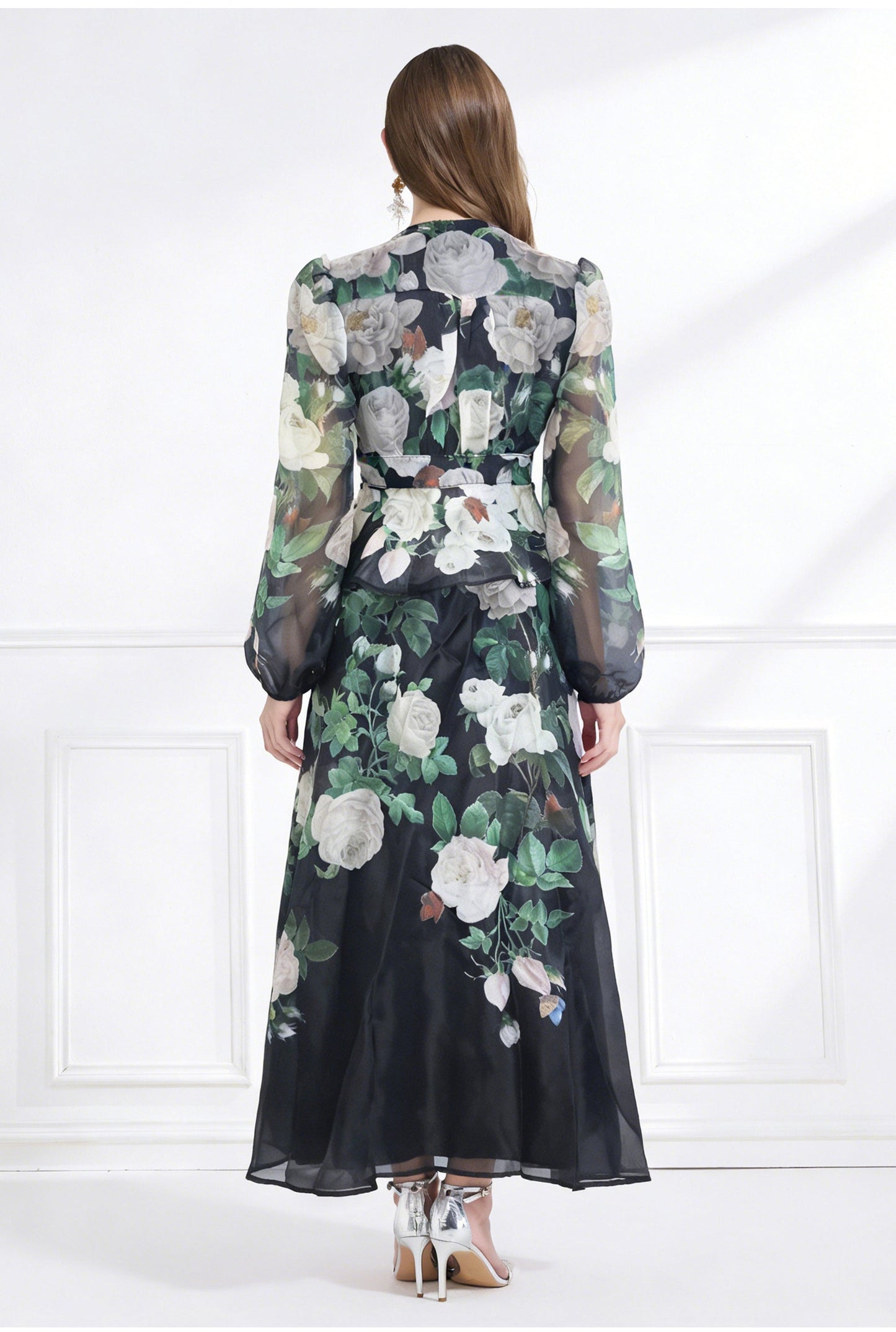 Rosalind Dark floral Chiffon Maxi With Peplum Waist