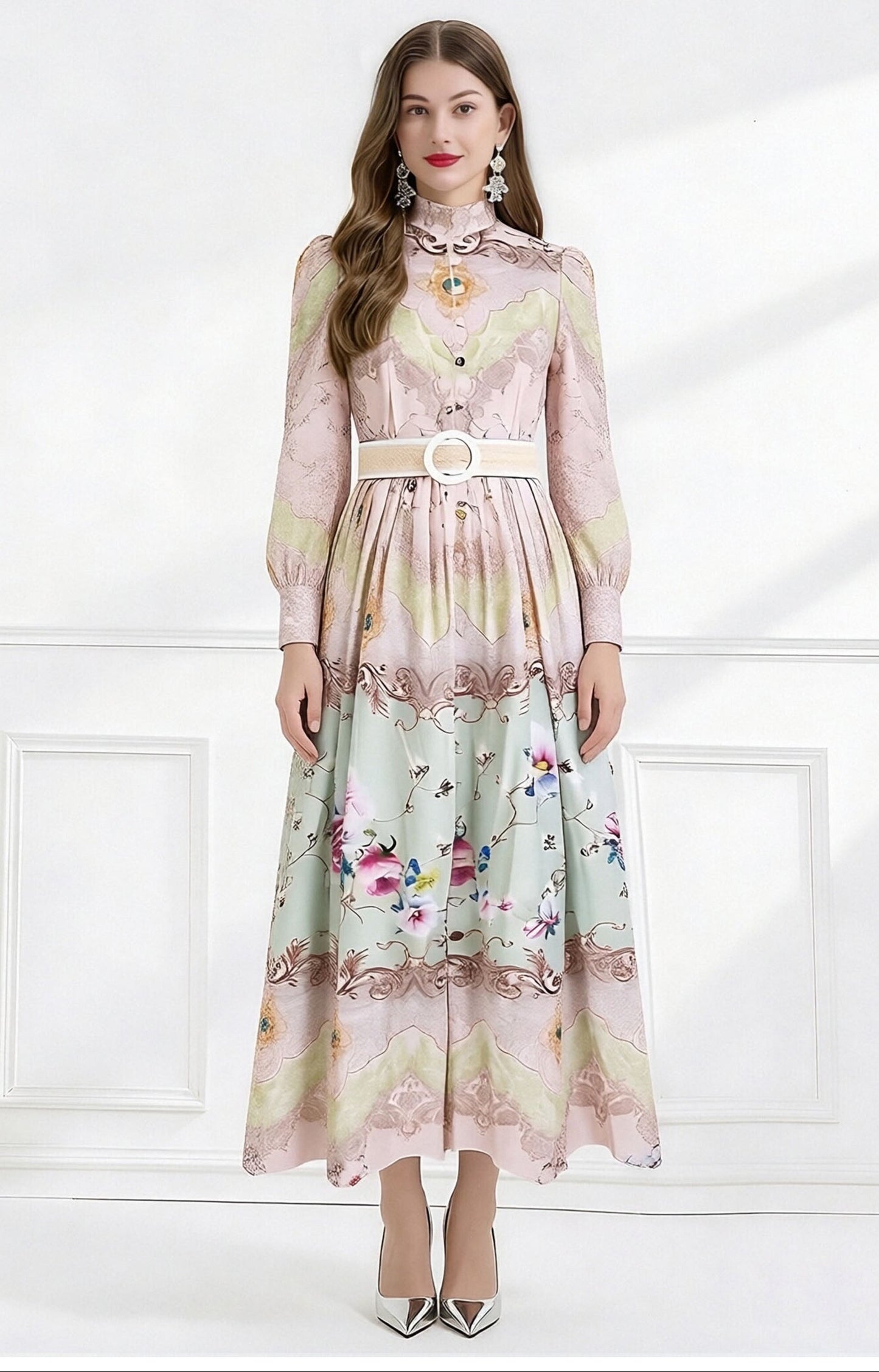 Victoria High-Neck Baroque Maxi With Sage Garden Border