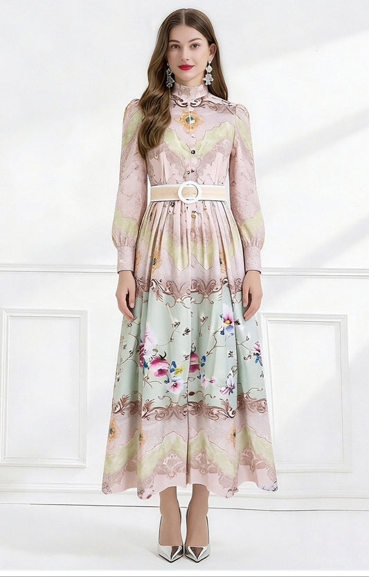 Victoria High-Neck Baroque Maxi With Sage Garden Border