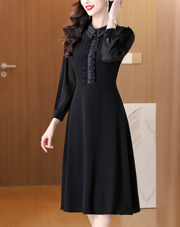 Black A-Line Dress With Ruffled Placker