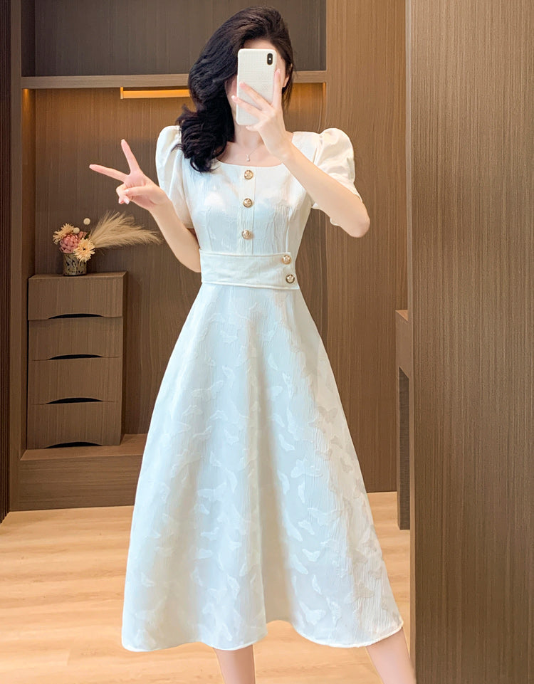 Retro Button-Accent Puff Sleeve Flare Dress