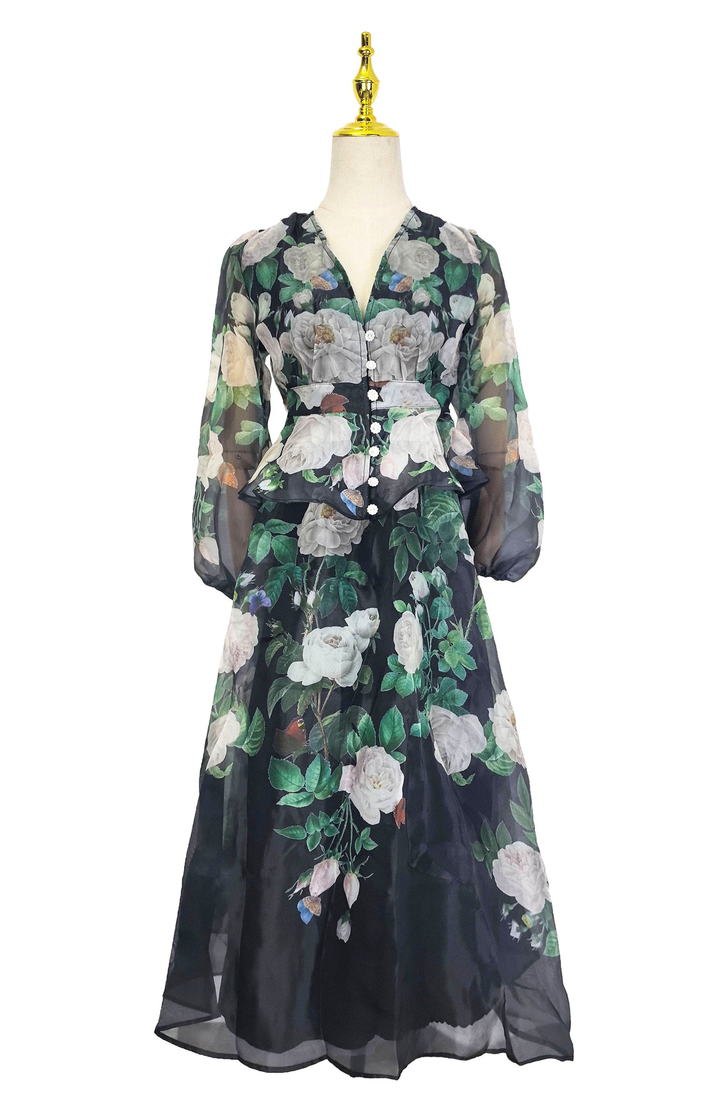 Rosalind Dark floral Chiffon Maxi With Peplum Waist