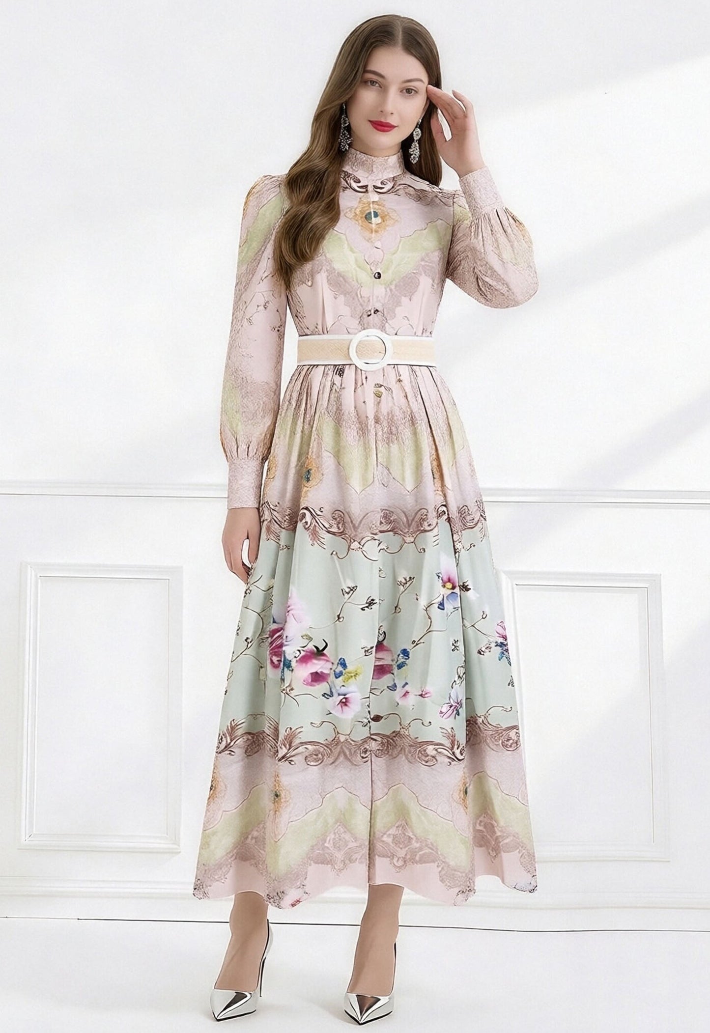 Victoria High-Neck Baroque Maxi With Sage Garden Border