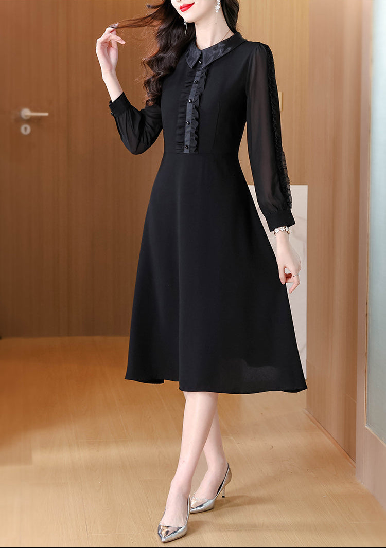 Black A-Line Dress With Ruffled Placker