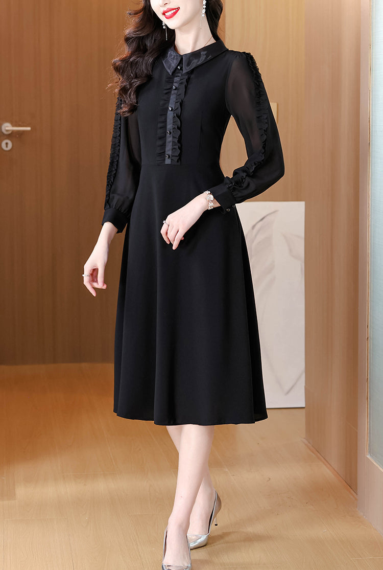 Black A-Line Dress With Ruffled Placker