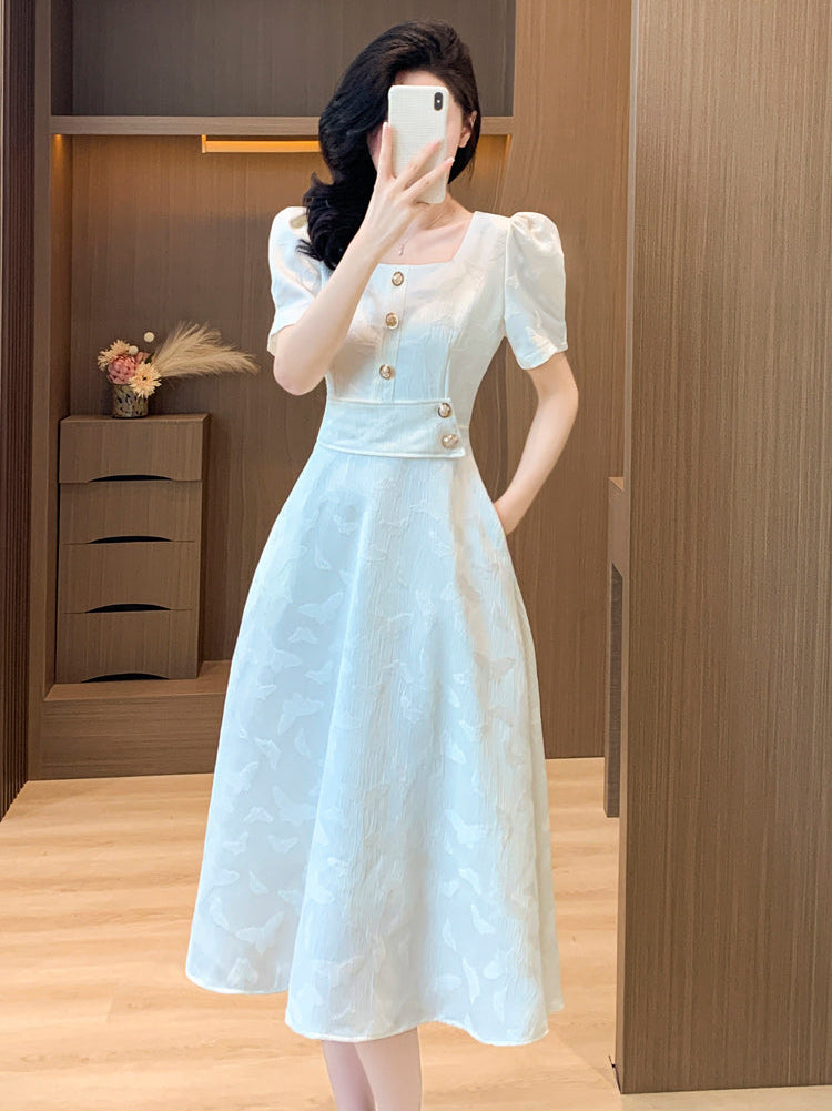 Retro Button-Accent Puff Sleeve Flare Dress