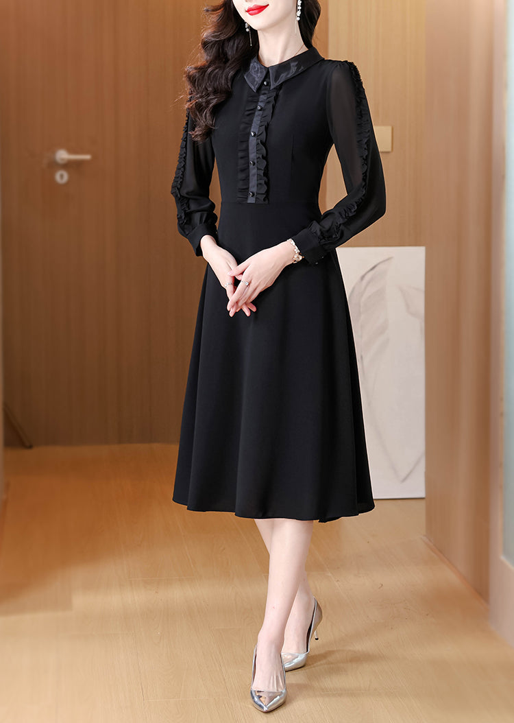 Black A-Line Dress With Ruffled Placker